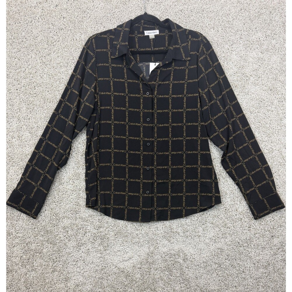 Calvin Klein Mens L Black Gold Logo Print Long Sleeve Button Up Shirt NWT